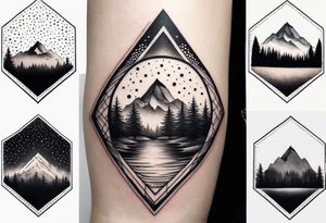 Design a symmetrical tattoo featuring a serene mountain landscape with a winding river and delicate trees, creating a balanced and harmonious composition tattoo idea