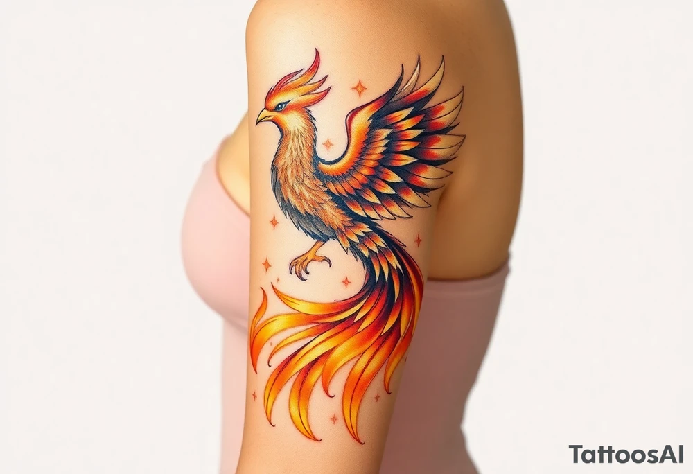 magnificent phoenix rising from golden flames with trailing embers tattoo idea
