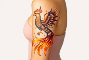 magnificent phoenix rising from golden flames with trailing embers tattoo idea
