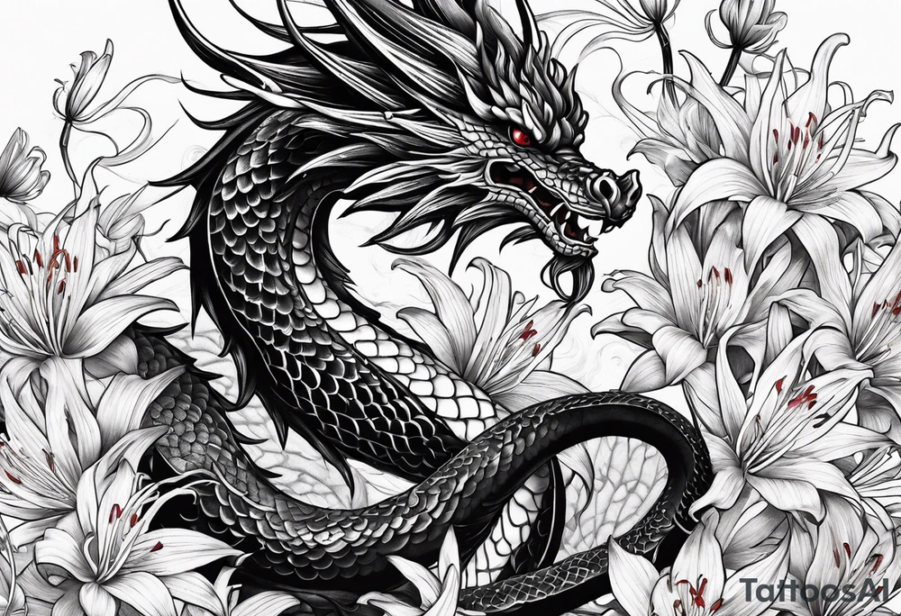 Black Dragon, 
Red Spider Lily, Long tattoo idea