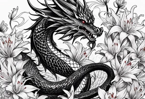 Black Dragon, 
Red Spider Lily, Long tattoo idea