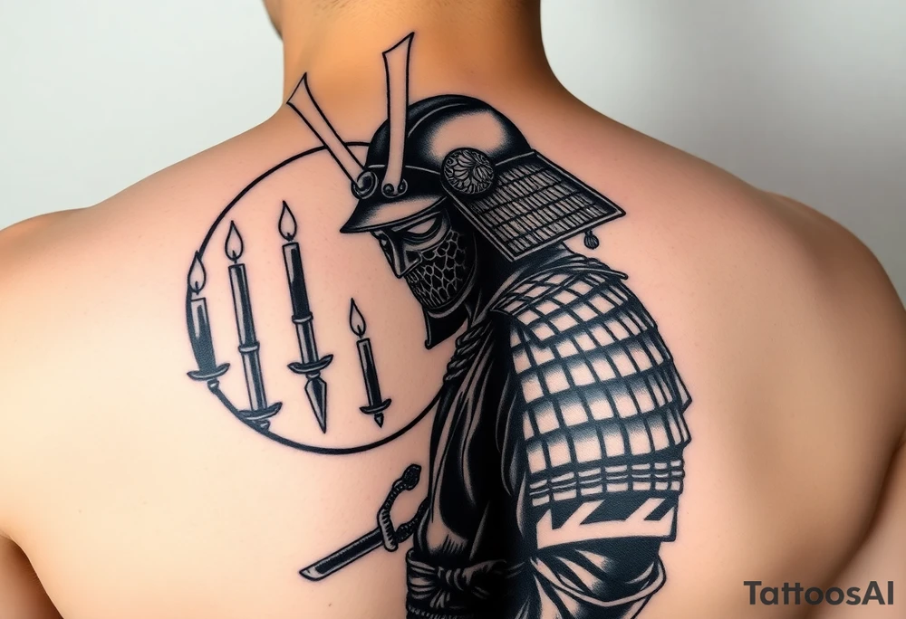 historical dark japan samurai with candles in a cicle all around
on side display tattoo idea