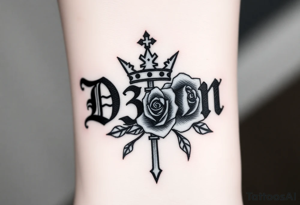 Name D3von with a crown and rose and cross and 03/27/07 tattoo idea