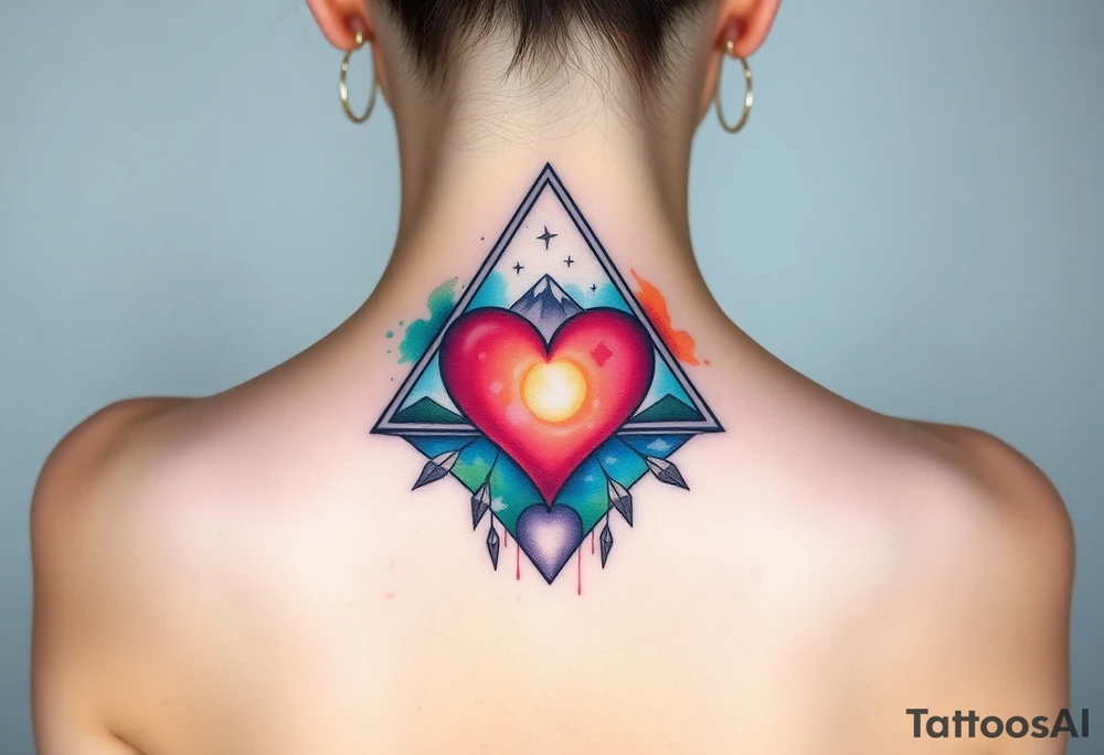 A triangle with a big heart in the center with a travel theme tattoo idea