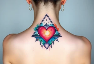 A triangle with a big heart in the center with a travel theme tattoo idea
