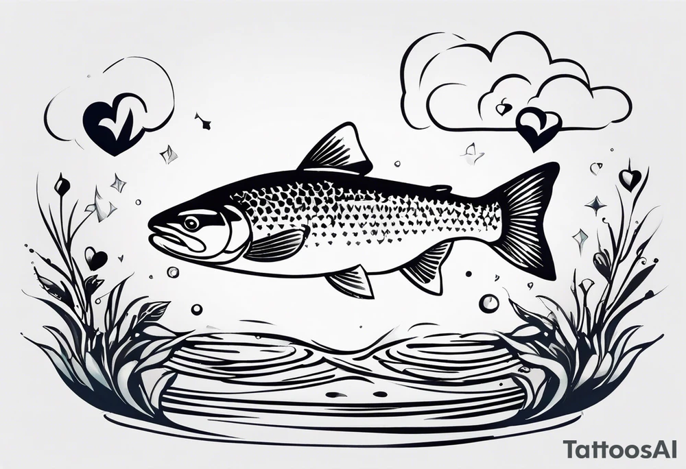 "A small tattoo featuring a lovestruck trout as the main theme, drawn with fine lines." tattoo idea