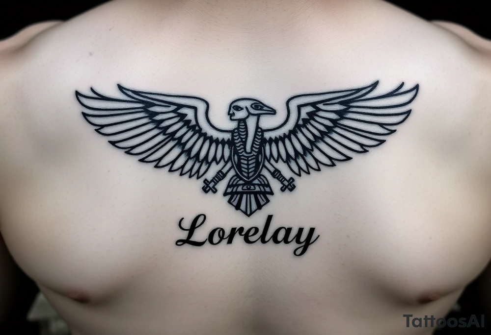 Crea un diseño significativo sobre la cultura egipcia y que tenga el nombre escrito por de bajo del diseño el nombre de mi hermana Lorelay para la parte baja del bíceps tattoo idea