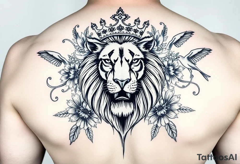 powerful majestic lion with a crown, surrounded by floral ornaments and birds tattoo idea