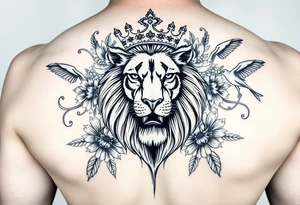 powerful majestic lion with a crown, surrounded by floral ornaments and birds tattoo idea