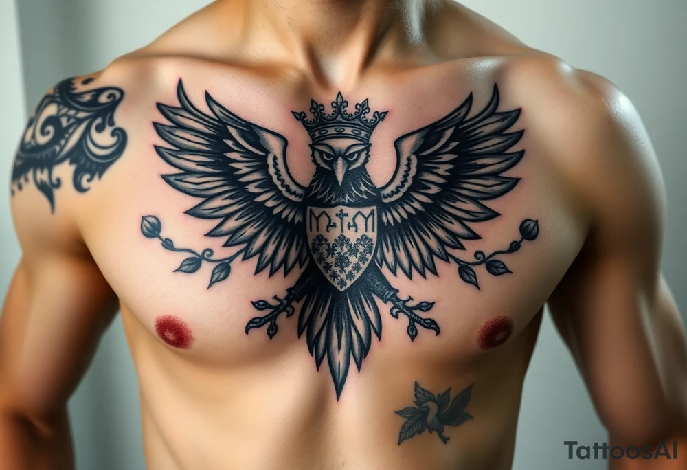 Chest tattoo,powerful two polish symetricals majestic darks eagle with crown, surrounded by lure ornaments tattoo idea