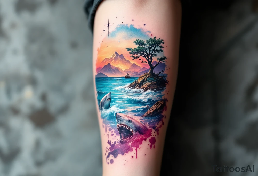 tattoo that has an acacia tree with mountains, ocean with a ship wreck with sharks and the northern star tattoo idea