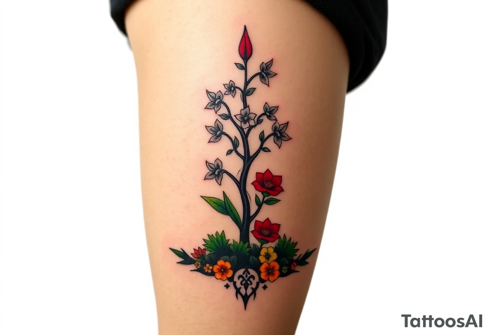 Lilly of the vally plants underneath a blooming hawthorn tree with other colorful plants on ground tattoo idea