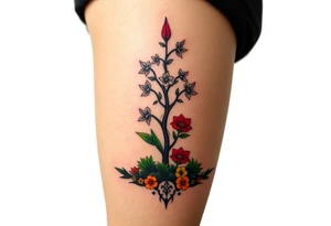 Lilly of the vally plants underneath a blooming hawthorn tree with other colorful plants on ground tattoo idea