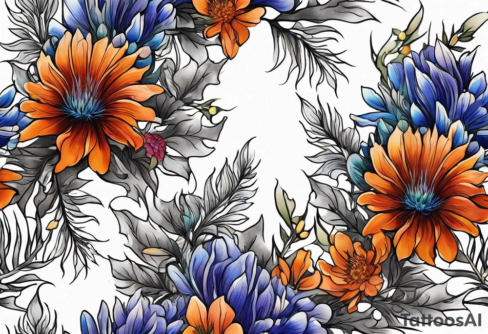 cascading mixed colored wildflowers with thistles, ferns, burnt orange flowers all in color tattoo idea