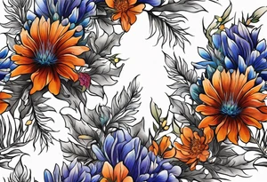 cascading mixed colored wildflowers with thistles, ferns, burnt orange flowers all in color tattoo idea