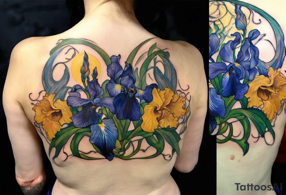 Create a colorful Vincent van Gogh Irises tattoo with an ancient Greek female statue in the middle. The tattoo should take the form of a crescent, with vines gracefully intertwining at a central point in the middle of the wreath.  The intended placement is on the upper chest. The overall design should be small in size while maintaining a delicate and artistic aesthetic. Pay attention to the graceful flow of the vines and the placement of the irises to achieve a refined and elegant look. tattoo idea