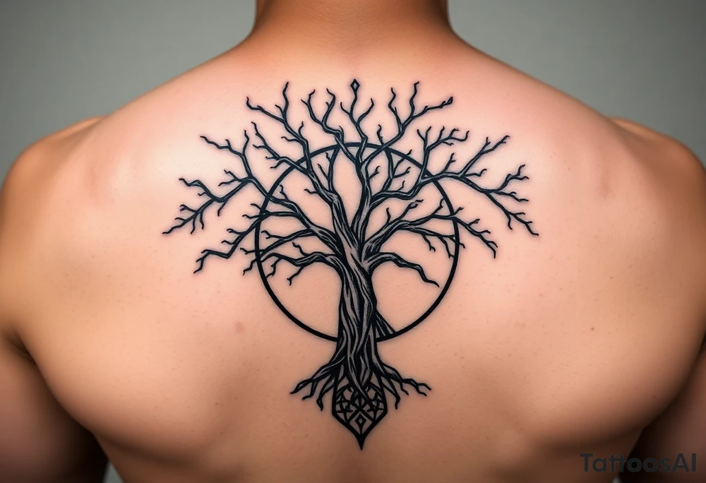 yggadrisl tree of life with circle. Jai , Phoebe, Imogen, Matilda in the circle tattoo idea