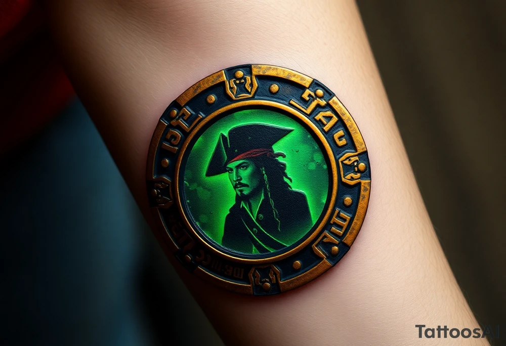 A golden medallion from the cursed Aztec treasure, glowing with eerie green energy, with Jack Sparrow’s silhouette reflected in its surface tattoo idea