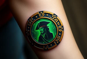 A golden medallion from the cursed Aztec treasure, glowing with eerie green energy, with Jack Sparrow’s silhouette reflected in its surface tattoo idea