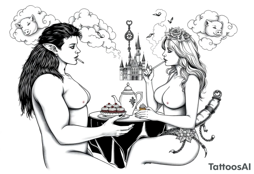 Mystical Naked Man and woman having sex eating cupcakes and  fruit  having sex clouds gothic sexy naked fat lady having a tea party with tea pot with fancy castle  
with a pigs, peacock, noose, lion, goat, smoking cigerettes looking in the mirror thru storm clouds with razor blades and broken hearts and darkness and wrath, envy , gluttony, greed, sloth, pride kill tattoo idea