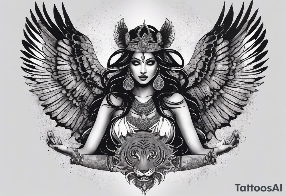 black kali, goddess pirate, alien, angel, pachamama, valkrye, warrior, flying, skull, lotus azul, wing, eagle, zenza resonance, stars, 5D, anahata chakra, death, durga, riding on a tiger, flying lady, kundalini, chest tatoo, samuri, rebel, serpent tattoo idea