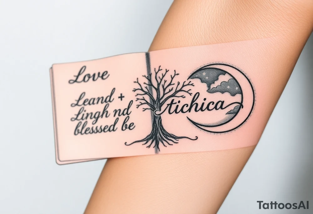 I want an open book and scripted on the left side of the pages and love and light blessed be on the right side of the pages the name tichica with the tree of life growing through the pages music notes dancing around it a crescent moon on the right side with a starry night background and dark clouds tattoo idea