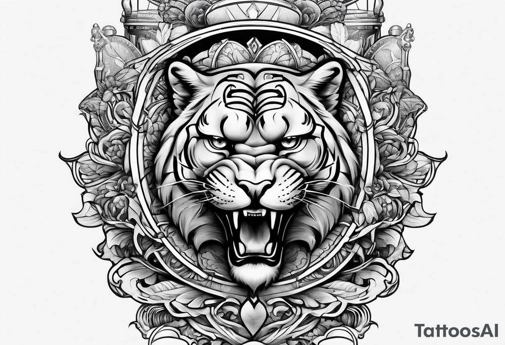 Brain in sagittal and angry cougar inside hourglass tattoo idea