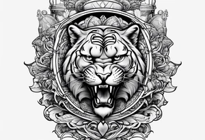 Brain in sagittal and angry cougar inside hourglass tattoo idea