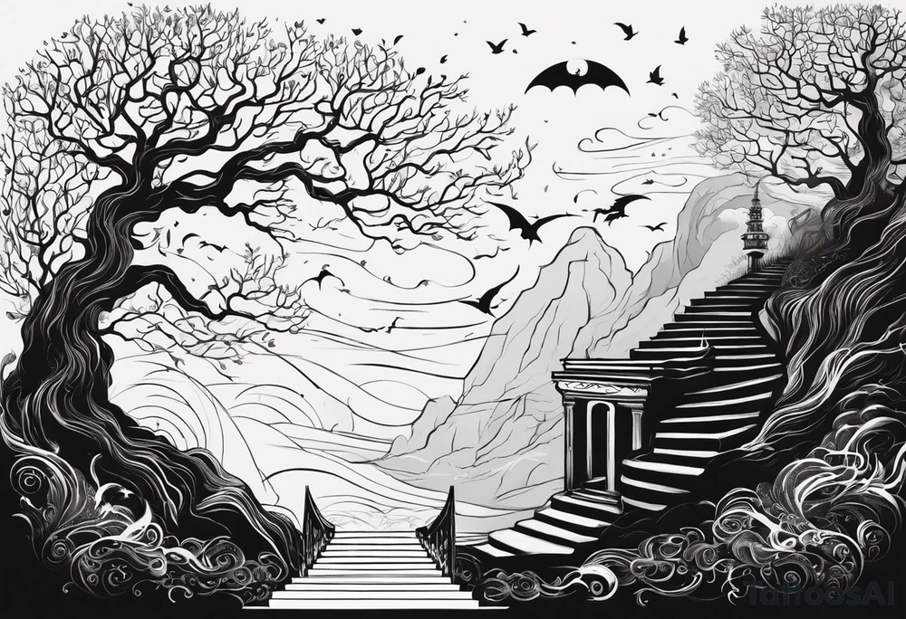 in vertical line, there is a tree with the roots like stairs, where a dragon is coming up, as well somewhere there are some wings, and the words "One day at a time" with the date 4.14.24 tattoo idea