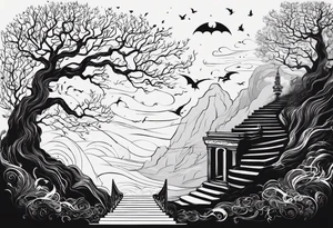 in vertical line, there is a tree with the roots like stairs, where a dragon is coming up, as well somewhere there are some wings, and the words "One day at a time" with the date 4.14.24 tattoo idea