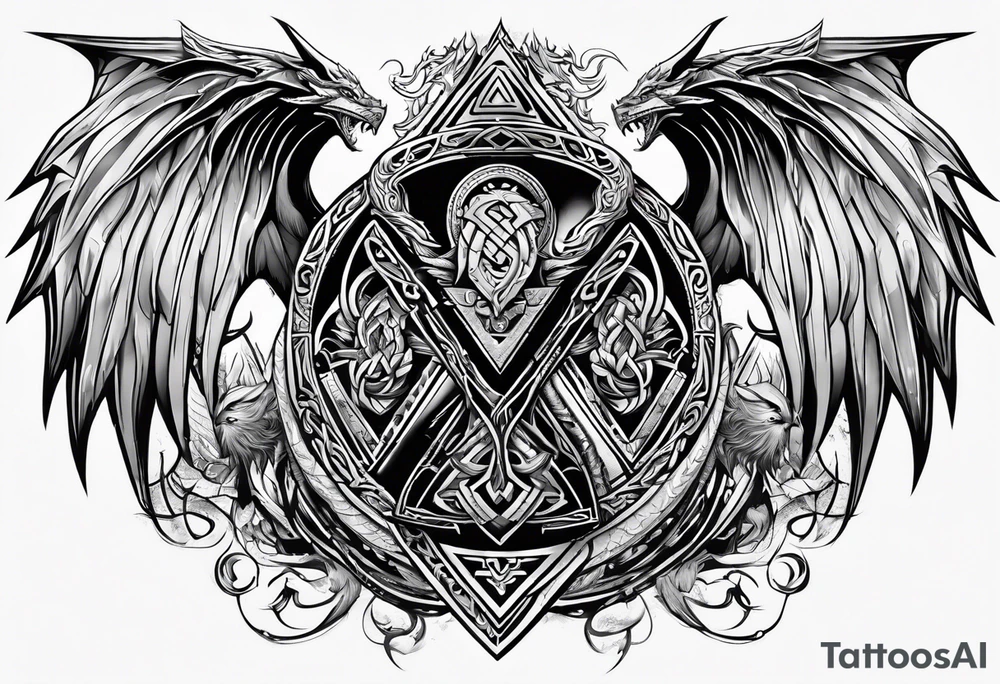 Valhalla sword shield dragon axe Valknut  tribal tattoo idea