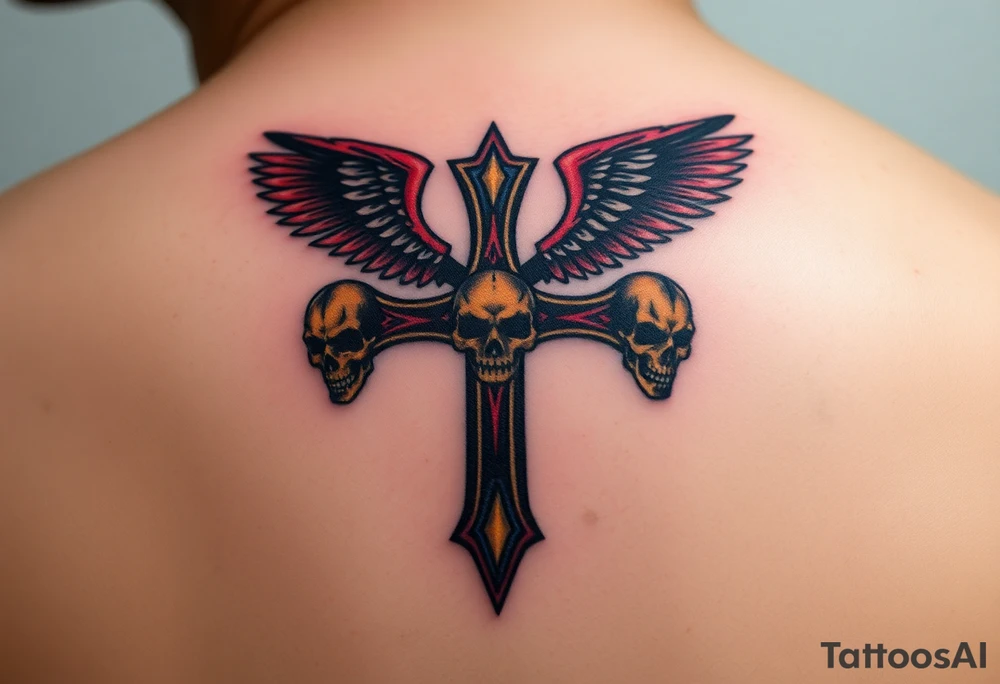 A gothic-style Metallica cross, adorned with sharp edges and dark winged skulls, glowing with fiery gold and dark blood-red shades tattoo idea