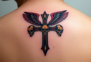 A gothic-style Metallica cross, adorned with sharp edges and dark winged skulls, glowing with fiery gold and dark blood-red shades tattoo idea