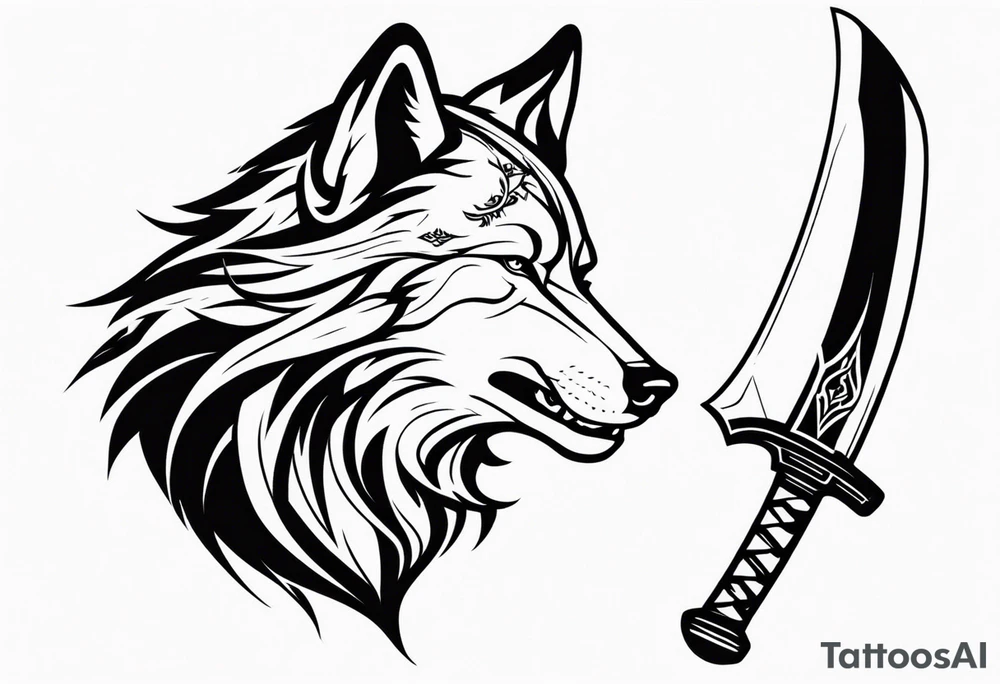 wolf head with katana in mouth tattoo idea