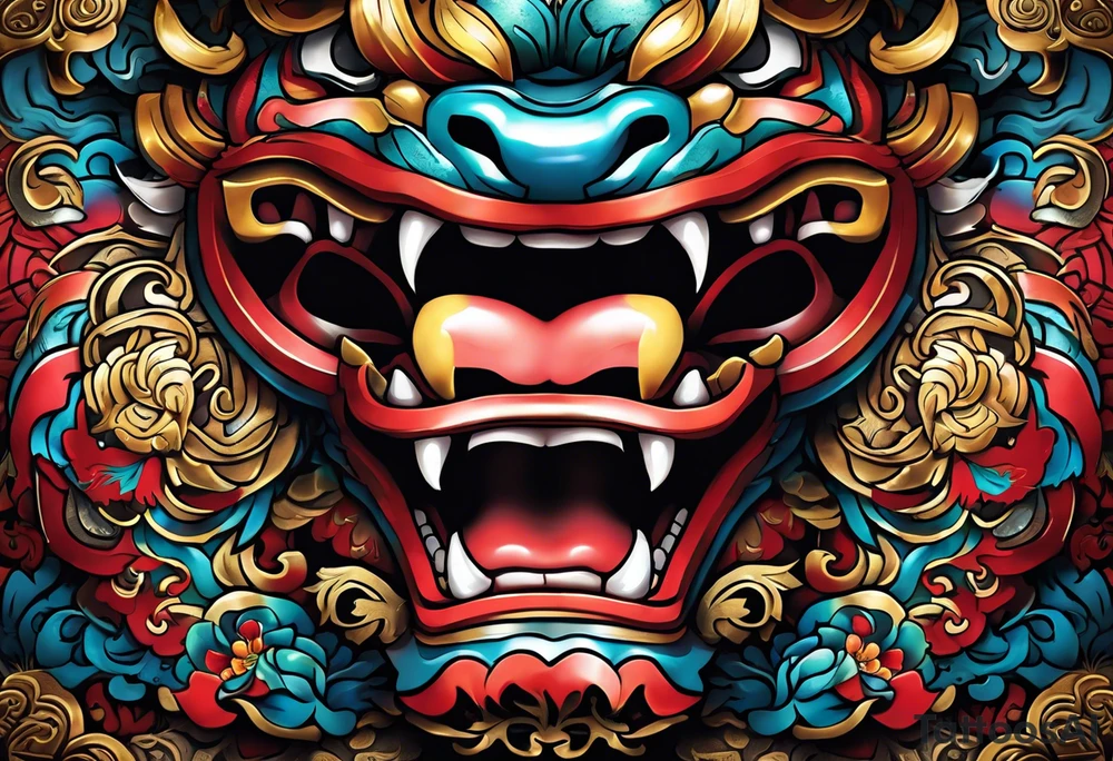 Double pectoral chest piece, of traditional full body Okinawa shisa. On one side is the male mouth open, and the other side, female, mouth closed. tattoo idea