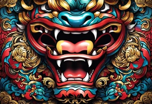 Double pectoral chest piece, of traditional full body Okinawa shisa. On one side is the male mouth open, and the other side, female, mouth closed. tattoo idea