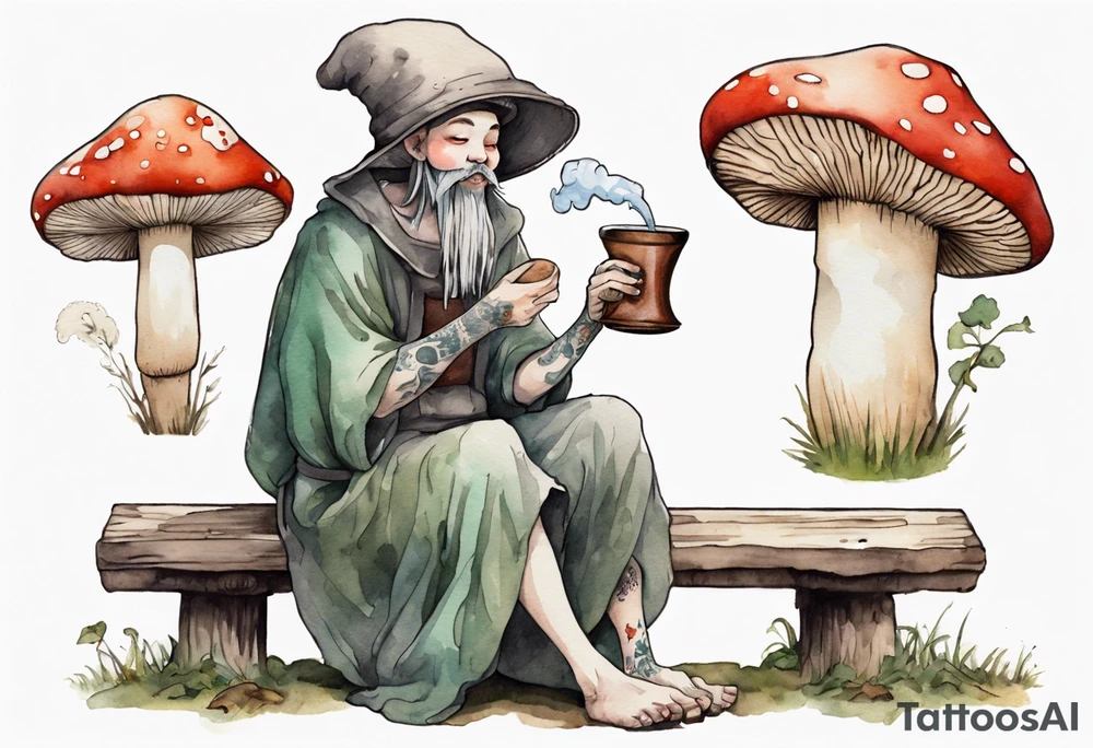 a mushroom person wearing a mushroom hat wearing a medieval tunic drinking from a wood cup, sitting on a bench laughing tattoo idea
