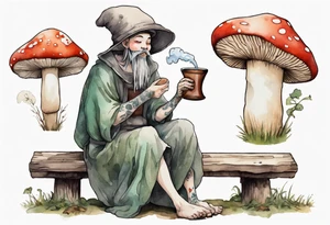 a mushroom person wearing a mushroom hat wearing a medieval tunic drinking from a wood cup, sitting on a bench laughing tattoo idea