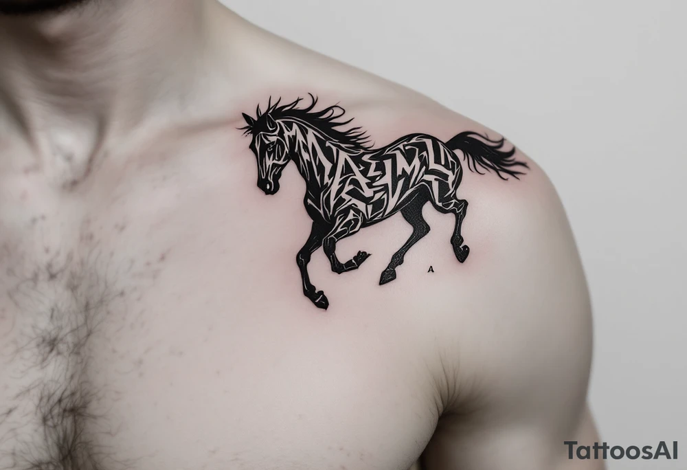 horse silhouette 
from the front which gallops from the front, with the 3 small letters discreetly integrated: M, A, L tattoo idea