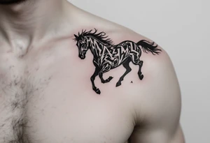 horse silhouette 
from the front which gallops from the front, with the 3 small letters discreetly integrated: M, A, L tattoo idea