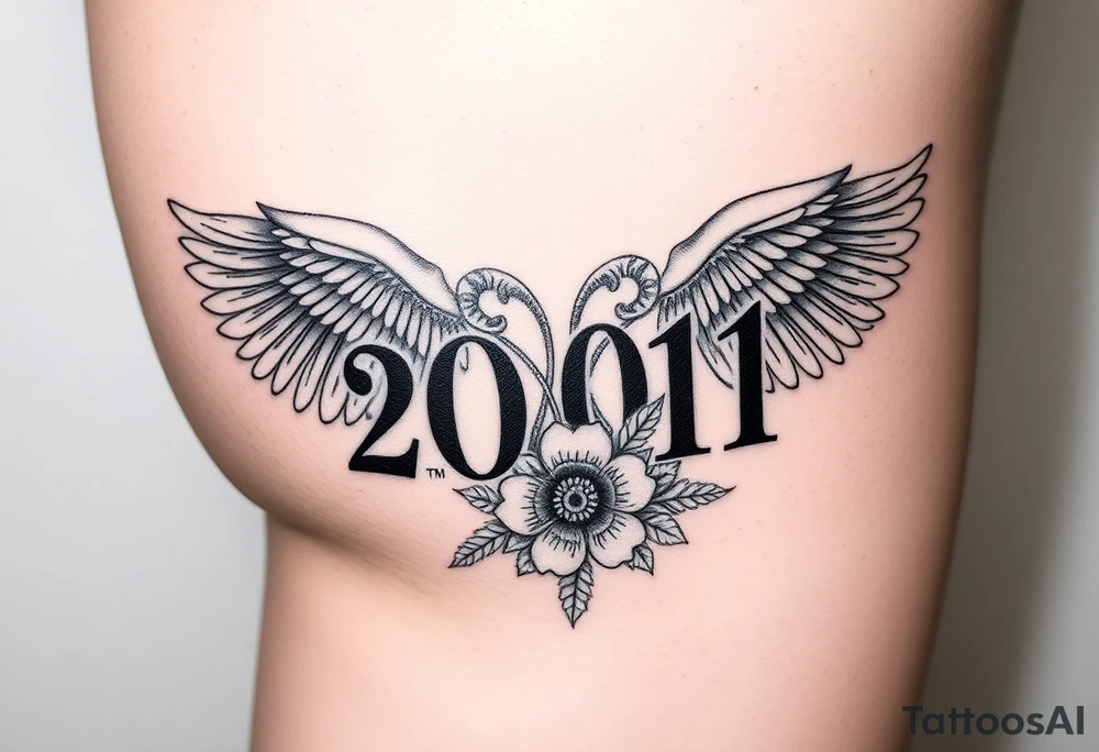 2001 full thigh tattoo with aries sign and angel numbers 1, 2, and 4 with flower tattoo idea