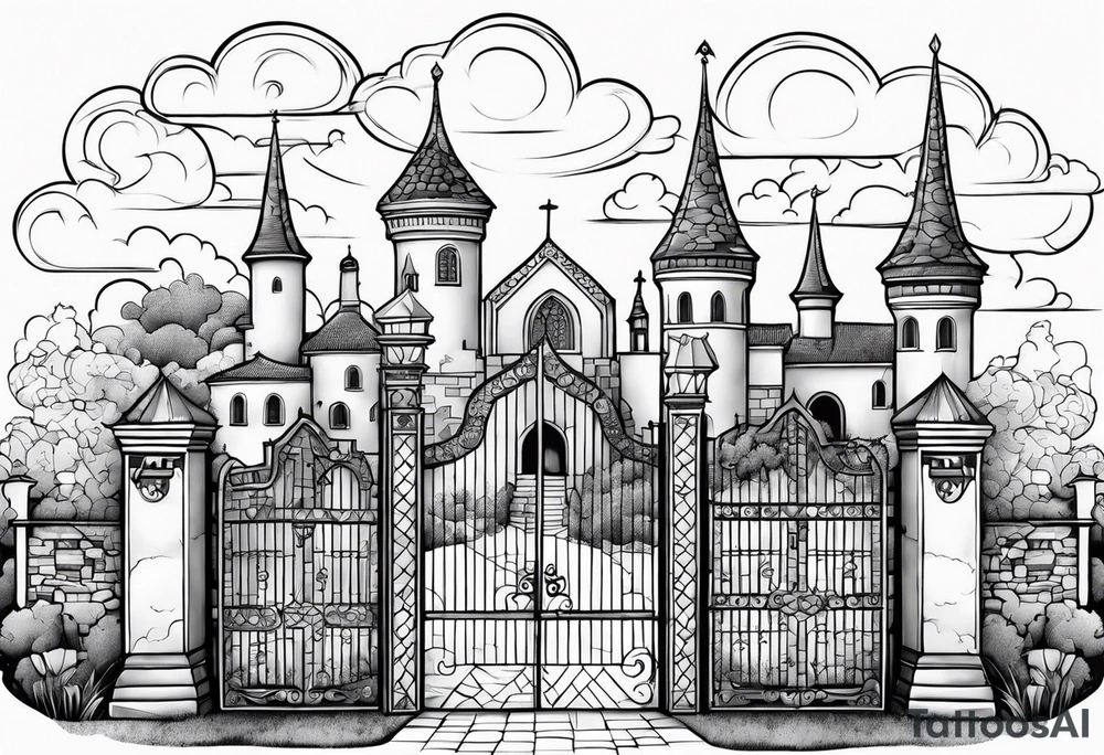 sky medieval town garden with towers small houses gate entrance clouds
in rounded vignette tattoo idea