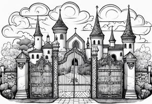 sky medieval town garden with towers small houses gate entrance clouds
 in rounded vignette tattoo idea