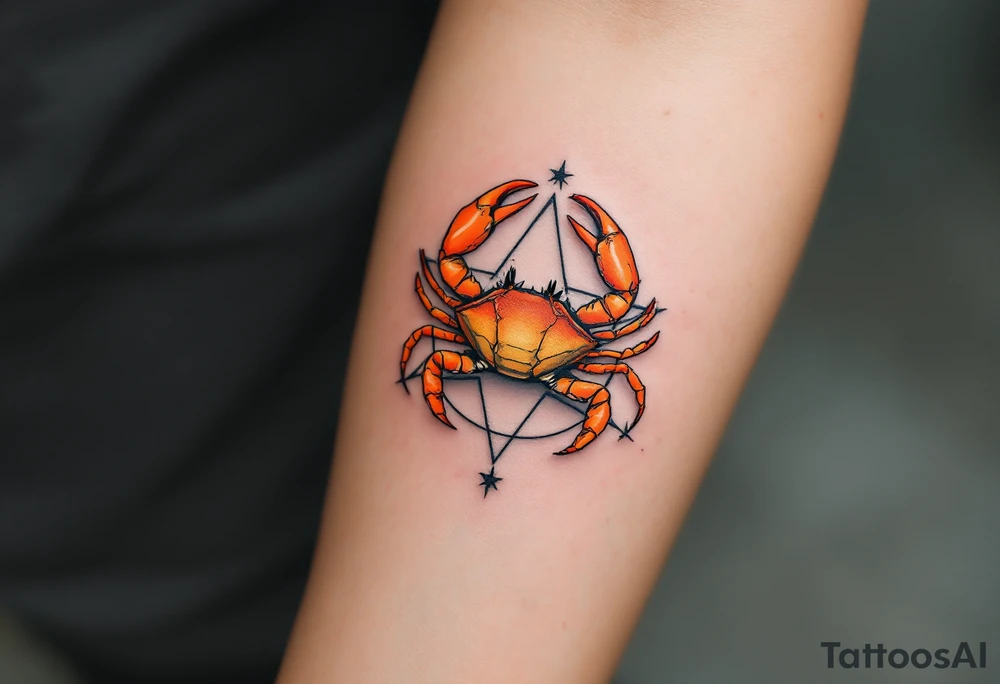 A vibrant orange crab rests at the center of the Cancer star pattern on a muted charcoal background. tattoo idea