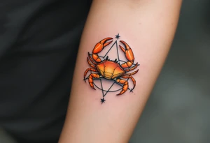 A vibrant orange crab rests at the center of the Cancer star pattern on a muted charcoal background. tattoo idea