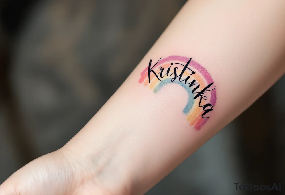 Kristýnka written in a watercolor rainbow arc, delicate and joyful. tattoo idea
