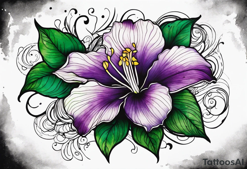A mystical outline of a rio dipladenia flower and a green/purple watercolor splash in the background tattoo idea