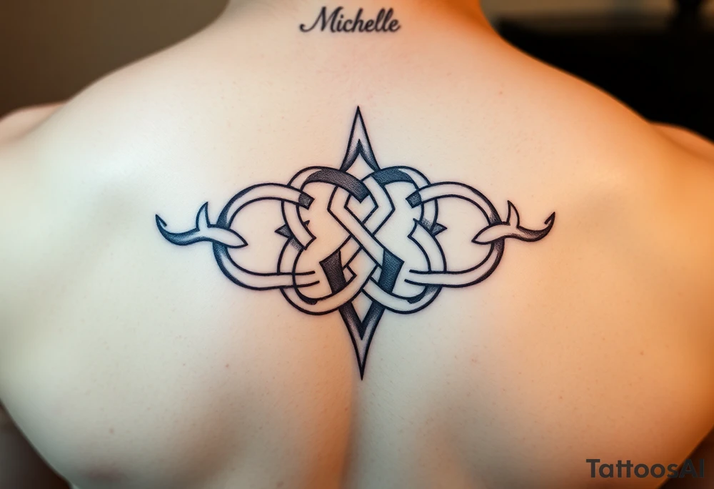 Create a tattoo on a man’s chest if a woman’s name Michelle. Irish or infinity celtic knot theme tattoo idea