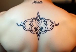 Create a tattoo on a man’s chest if a woman’s name Michelle. Irish or infinity celtic knot theme tattoo idea