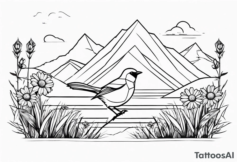 Geometric small bird in a grass and daisy field with Mountain View behind tattoo idea